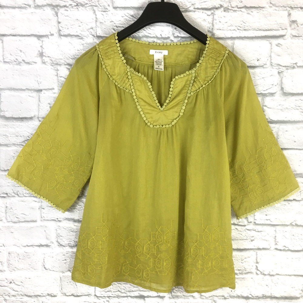 Esley 100% Cotton Embroidered Green Blouse Sz M